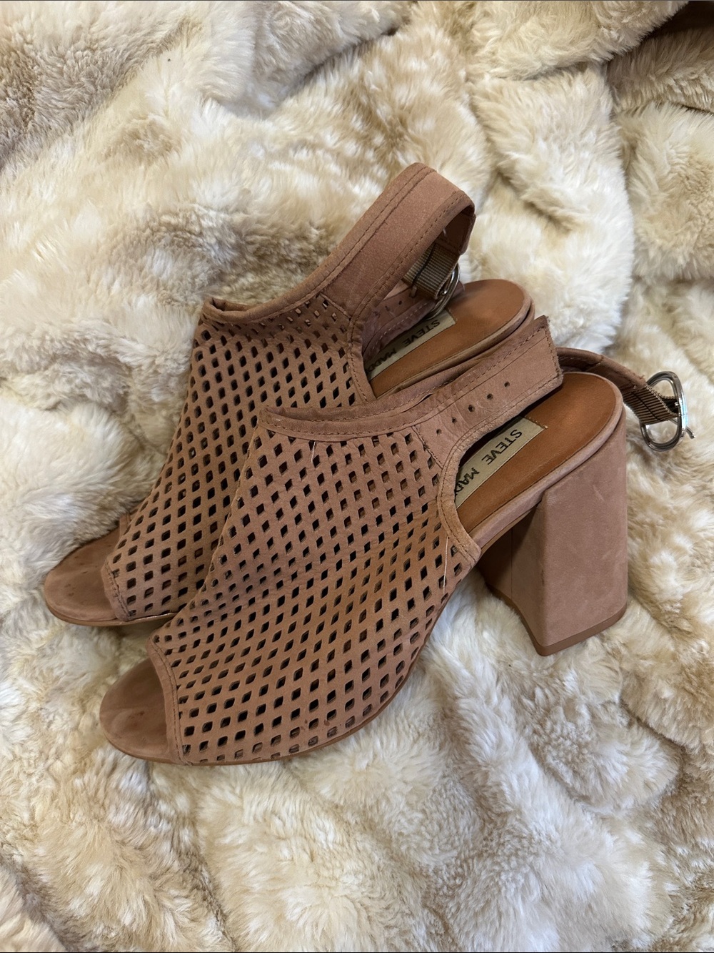 Steve Madden Blush Tan Perforated Block Heel Slingback Sandals